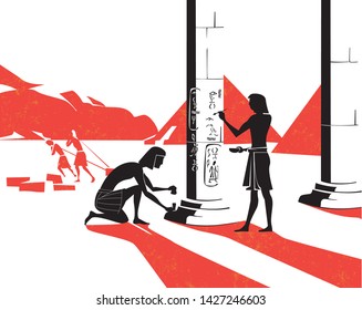 Ancient Egypt scene, hieroglyphic and pyramids landscape, vector illustration