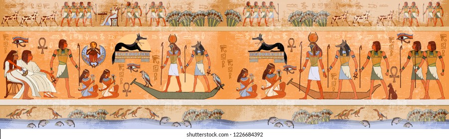 Ancient Egypt scene, mythology. Egyptian gods and pharaohs. Hieroglyphic carvings on the exterior walls of an ancient temple 