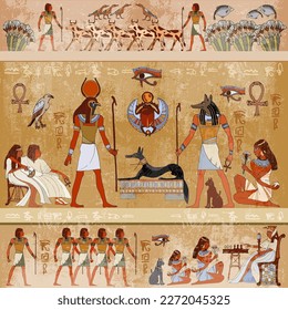 Ancient Egypt scene, mythology. Egyptian gods and pharaohs. Murals hieroglyphic carvings on the exterior walls. Vector illustration