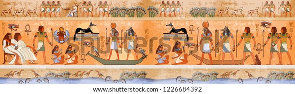 Ancient Egypt scene, mythology. Egyptian gods and\
pharaohs. Hieroglyphic carvings on the exterior walls of an ancient\
temple 