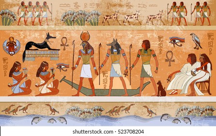 Ancient Egypt scene, mythology. Gods and pharaohs. Hieroglyphic carvings on the exterior walls of an ancient temple. Egypt background. Murals ancient 