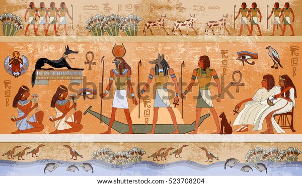 Ancient Egypt scene, mythology. Gods and\
pharaohs. Hieroglyphic carvings on the exterior walls of an ancient\
temple. Egypt background. Murals ancient\
