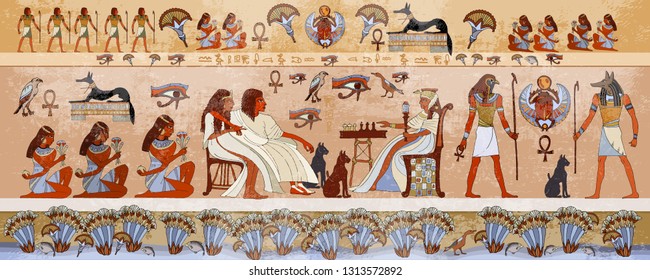 Ancient Egypt scene, mythology.  Hieroglyphic carvings on the exterior walls of an ancient temple. Egyptian gods and pharaohs 