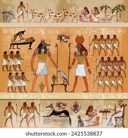 Ancient Egypt scene. Vector illustration. Mythology. Egyptian gods and pharaohs. Murals hieroglyphic carvings on the exterior walls