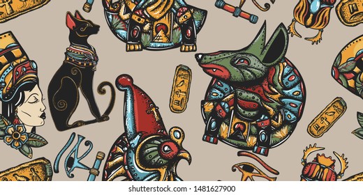 Ancient Egypt seamless pattern. Anubis, Ra horus, black cats, queen Cleopatra, eye Horus. Old school tattoo style. Egyptian civilization background 