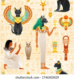 Ancient Egypt seamless pattern. Cat Bastet goddess. Old Pharaoh vector symbol background. Black cat with scarab wings and gold necklace, slave, sistrum. Ancient Egypt art Historical wallpaper