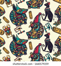 Ancient Egypt seamless pattern. Egyptian civilization art. Old school tattoo style. Anubis, Ra horus, black cats, queen Cleopatra. History background 