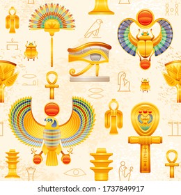 Ancient Egypt seamless pattern.  Egyptian pharaoh vector symbol background. Ra sun Scarab, Horus Falcon Wadjet eye, Isis Tyet knot, coptic Ankh, Fan, Lotus, Osiris Djed pillar. Historical god Icon set