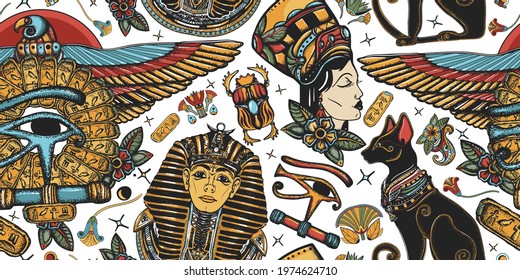 Ancient Egypt Seamless Pattern. Egyptian Civilization Background. Golden Pharaoh, Eagle, Black Cats, Queen Cleopatra, Eye Horus. History Art. Old School Tattoo Style 