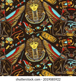 Ancient Egypt Seamless Pattern. Golden Pharaoh, Eagle, Black Cats, Queen Cleopatra, Eye Horus. History Art. Old School Tattoo Style. Egyptian Civilization Background 