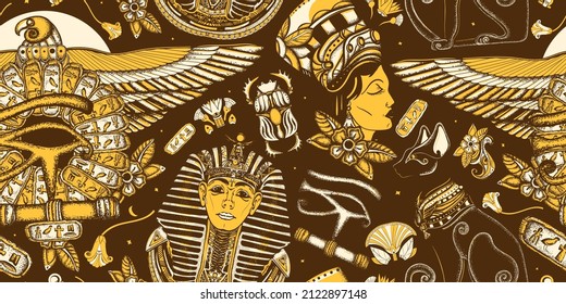 Ancient Egypt seamless pattern. Golden pharaoh, eagle, black cats, queen Cleopatra, eye Horus. History art. Old school tattoo style. Egyptian civilization background