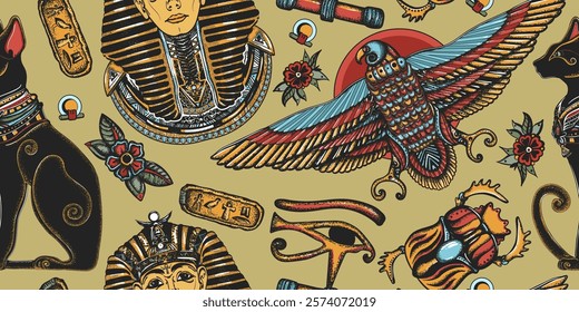 Ancient Egypt seamless pattern. Golden pharaoh, eagle, black cats, scarab, eye Horus. History art. Old school tattoo style. Egyptian civilization background