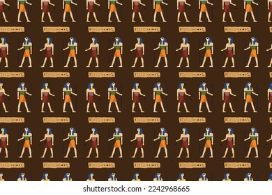 Ancient Egypt seamless pattern. Hieroglyphic carvings on the exterior walls of an ancient egyptian pattern. Ancient Egypt murals. Grunge Egypt seamless background. Egyptian gods and pharaohs pattern