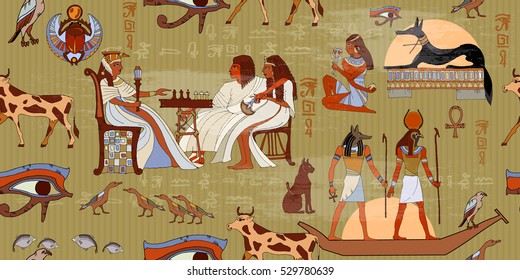 Ancient Egypt seamless pattern. Hieroglyphic carvings on the exterior walls of an ancient pattern. Egyptian gods and pharaohs seamless pattern 