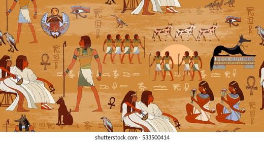 Ancient Egypt seamless pattern. Hieroglyphic carvings on the exterior walls of an ancient egyptian pattern. Ancient Egypt murals. Grunge Egypt seamless background. Egyptian gods and pharaohs pattern 