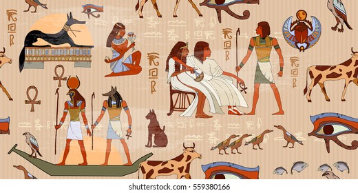 Ancient Egypt seamless pattern. Hieroglyphic carvings on the exterior walls of an ancient pattern. Egyptian gods and pharaohs. Grunge seamless murals background 