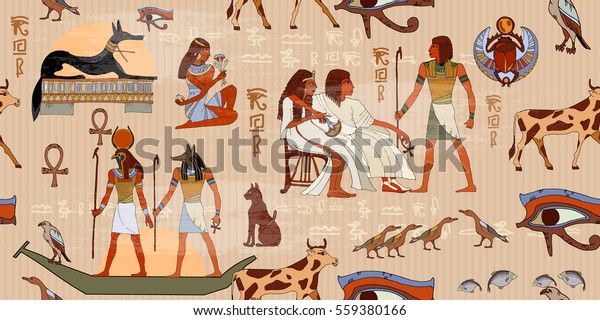 古代エジプトのシームレスな模様 古代の文様の外壁に彫刻が施されている エジプトの神々とファラオ グランジシームレスな壁画の背景 のベクター画像素材 ロイヤリティフリー