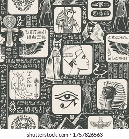 Ancient Egypt seamless pattern with hieroglyphs are randomly selected and do not make sense. Vector black and white background with sketches, suitable for Wallpaper, wrapping paper, fabric