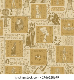 Ancient Egypt. Seamless pattern. The hieroglyphs are randomly selected and do not make sense. Vector abstract background. Wallpaper, wrapping paper, fabric