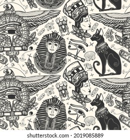 Ancient Egypt seamless pattern. History art. Old school tattoo style. Egyptian civilization background. Golden pharaoh, eagle, black cats, queen Cleopatra, eye Horus