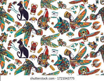 Ancient Egypt Seamless Pattern. Old School Tattoo Style. Anubis, Ra Horus, Black Cats, Queen Cleopatra, Eye Horus. History Art. Egyptian Civilization Background 