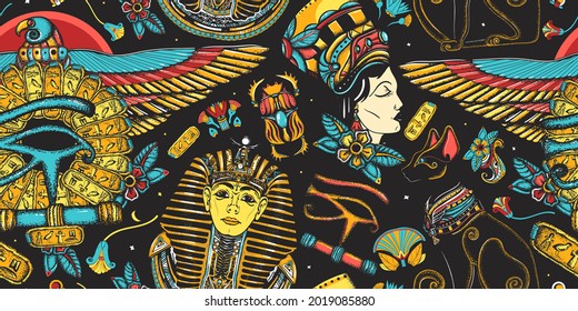 Ancient Egypt Seamless Pattern. Old School Tattoo Style. Egyptian Civilization Background. Golden Pharaoh, Eagle, Black Cats, Queen Cleopatra, Eye Horus. History Art 