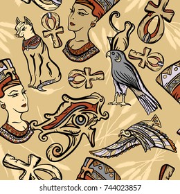 Ancient Egypt seamless pattern, old school tattoo. Classic flash tattoo style Egypt, patches and stickers. Pharaoh, ankh, eye Ra,  Nefertiti, cat.  Ancient Egypt art pattern