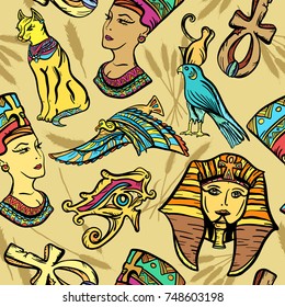 Ancient Egypt seamless pattern, old school tattoo. Pharaoh, ankh, eye Ra, Nefertiti, cat. Ancient Egypt art pattern. Classic flash tattoo style Egypt, patches and stickers