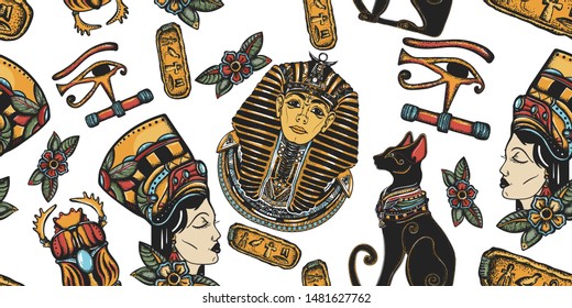 Ancient Egypt seamless pattern. Pharaoh, black cats, sacred scarab 