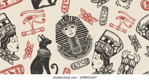 Ancient Egypt seamless pattern. Pharaoh, black cats, sacred scarab. History art. Egyptian civilization background. Old school tattoo style 