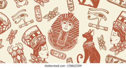 Ancient Egypt seamless pattern. Pharaoh, black cats,  Egyptian queen, sacred scarab. Old history background