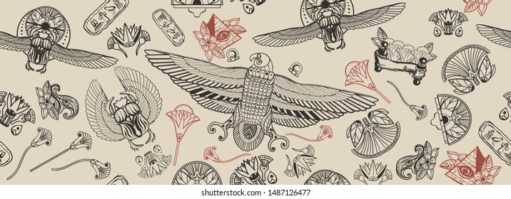 Ancient Egypt seamless pattern. Sacred scarab, eye Horus. Old school tattoo style. Ancient egyptian civilization background. Vintage papyrus paper 