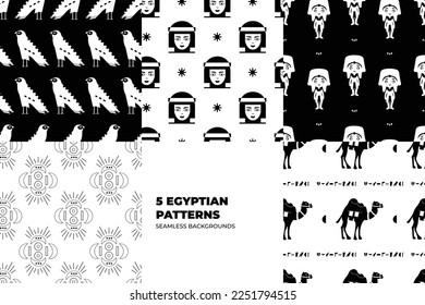 Ancient Egypt seamless pattern set. Hieroglyphic carvings on the exterior walls of an ancient egyptian pattern set. Ancient Egypt murals. Grunge Egypt seamless background set. 