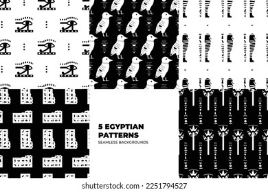 Ancient Egypt seamless pattern set. Hieroglyphic carvings on the exterior walls of an ancient egyptian pattern set. Ancient Egypt murals. Grunge Egypt seamless background set. 