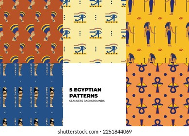 Ancient Egypt seamless pattern set. Hieroglyphic carvings on the exterior walls of an ancient egyptian pattern set. Ancient Egypt murals. Grunge Egypt seamless background set. 