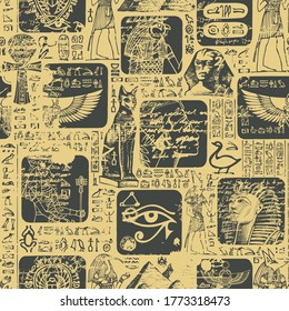 Ancient Egypt seamless pattern with sketches and scribbles. The hieroglyphs are randomly selected and do not make sense. Vector abstract background suitable for Wallpaper, wrapping paper, fabric