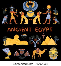 Ancient egypt set of decorative icons isolated on black background with religious and tourist symbols vector illustration