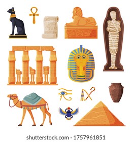 Ancient Egypt Set, Egyptian Traditional Cultural and Historical Symbols Flat Style Vector Illustration on White Background