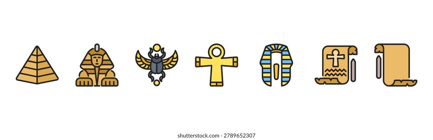 Ancient Egypt set featuring Pyramid, Sphinx, Scarab, Ankh, Pharaoh Crown, Hieroglyph, Papyrus for historical and cultural visuals.