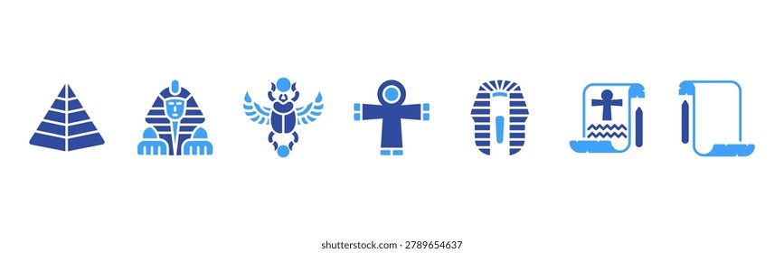 Ancient Egypt set featuring Pyramid, Sphinx, Scarab, Ankh, Pharaoh Crown, Hieroglyph, Papyrus for historical and cultural visuals.