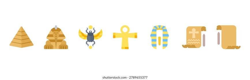Ancient Egypt set featuring Pyramid, Sphinx, Scarab, Ankh, Pharaoh Crown, Hieroglyph, Papyrus for historical and cultural visuals.