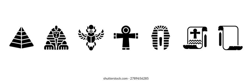 Ancient Egypt set featuring Pyramid, Sphinx, Scarab, Ankh, Pharaoh Crown, Hieroglyph, Papyrus for historical and cultural visuals.
