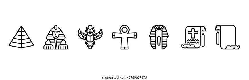 Ancient Egypt set featuring Pyramid, Sphinx, Scarab, Ankh, Pharaoh Crown, Hieroglyph, Papyrus for historical and cultural visuals.