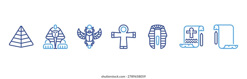 Ancient Egypt set featuring Pyramid, Sphinx, Scarab, Ankh, Pharaoh Crown, Hieroglyph, Papyrus for historical and cultural visuals.