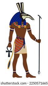 Antiguo Egipto. Ambientado, Dios de furia, tormentas de arena, destrucción, caos, guerra y muerte. Hombre con la cabeza de un animal extraterrestre. Ilustración vectorial aislada en fondo blanco.