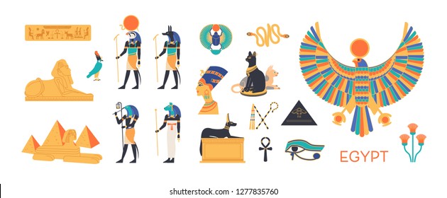 Ancient Egypt set - gods, deities of Egyptian pantheon, mythological creatures, sacred animals, holy symbols, hieroglyphs, architecture and sculpture. Colorful flat cartoon vector illustration.