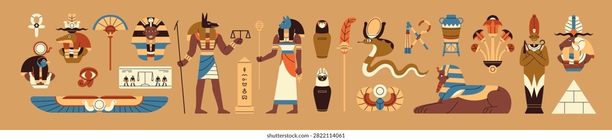 Ancient Egypt set. Items of antique Egyptian civilization. Mythology and Egyptology elements. Different gods, pharaohs pyramids, monuments of sphinx, hieroglyphs. Flat isolated vector illustrations