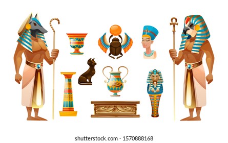 Ancient Egypt set. Egypt old symbols, sacred animals cat and scarab, pyramid, tomb, sarcophagus, sacred cross, architecture and sculpture cartoon vector illustration