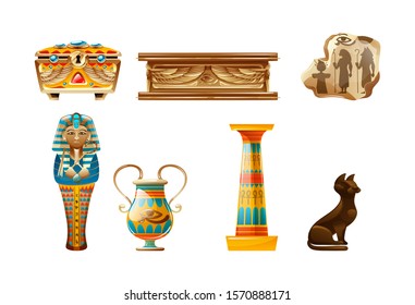 Ancient Egypt set. Egypt old symbols, bust of Nefertiti, painted vase sign of the all-seeing eye, sacred animals cat, tomb, sarcophagus, sacred cross, sculpture cartoon vector illustration