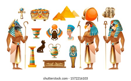 Ancient Egypt set. Egypt old symbols, sacred animals cat and scarab, pyramid, tomb, sarcophagus, sacred cross, architecture and sculpture cartoon vector illustration